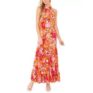 MSK Women's Floral-Print Tiered Halter Neck Summer Maxi Dress Orange Pink M
